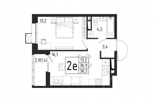 1-комн. квартира, 38,3 м², в ЖК «Берег»