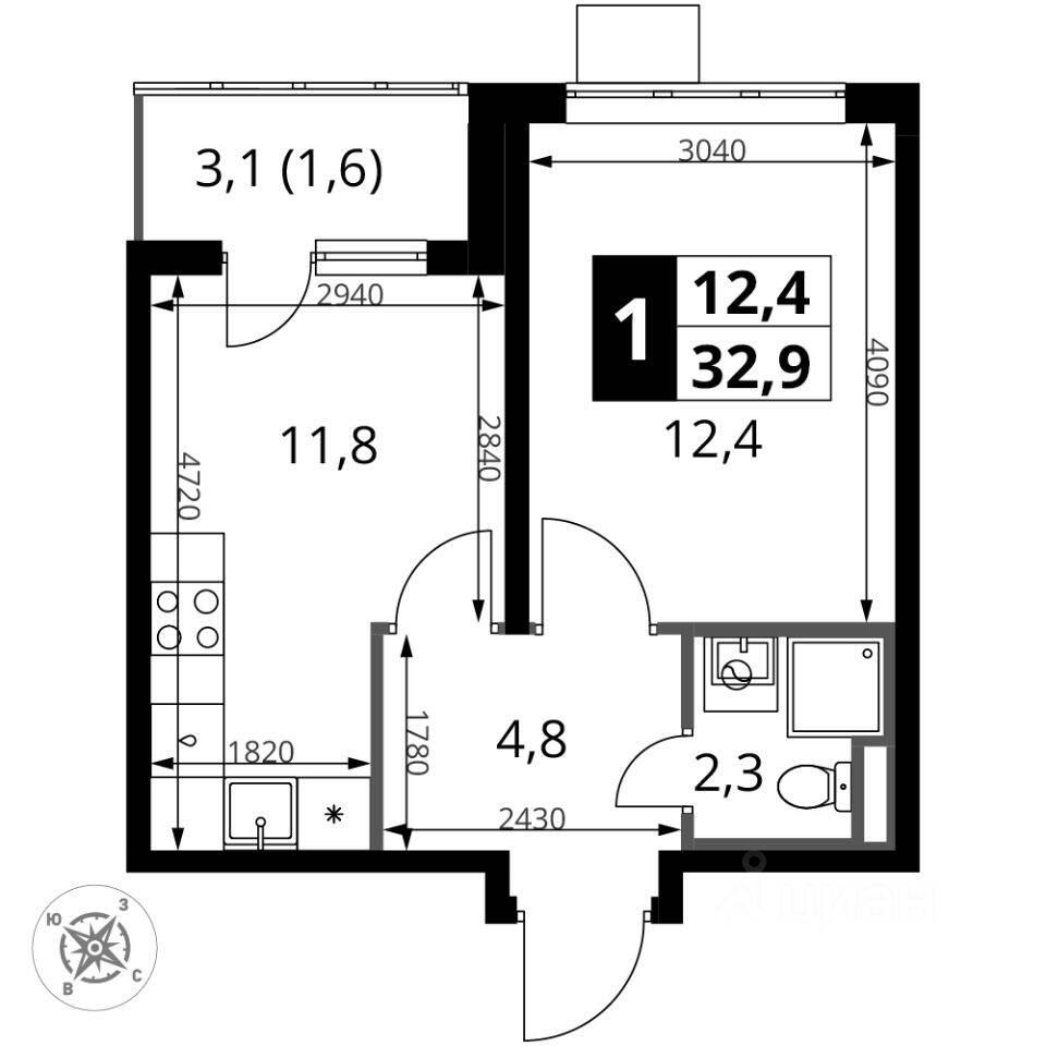 1-комн. квартира, 32,9 м², в ЖК 1-й Донской