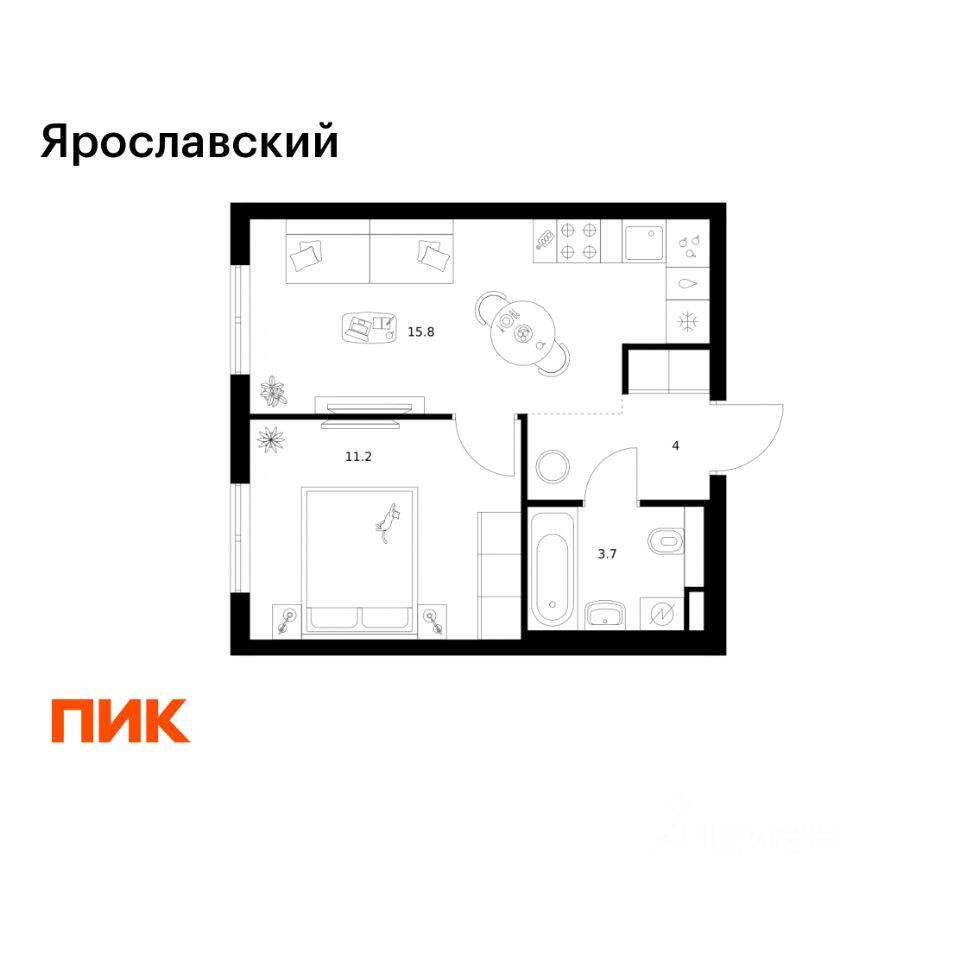 1-комн. квартира, 34,7 м², в ЖК «Ярославский»