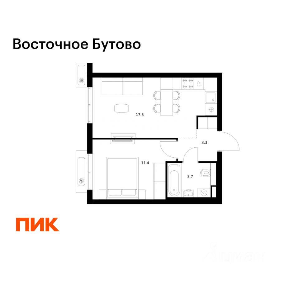 1-комн. квартира, 35,9 м², в ЖК «Восточное Бутово»