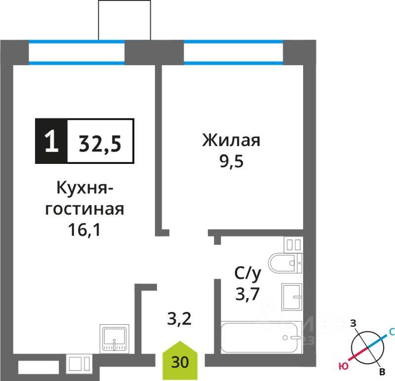 Планировка 1 комнатной квартиры, 32.4 м², в «Никольский квартал Отрада»