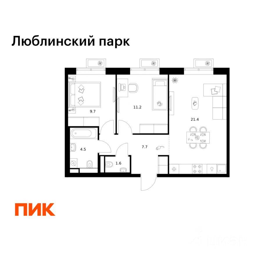 2-комн. квартира, 56,1 м², в ЖК «Люблинский парк»