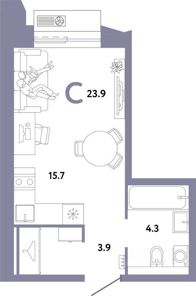 Планировка 1 комнатной квартиры, 23.9 м², в «Страна.Заречная»