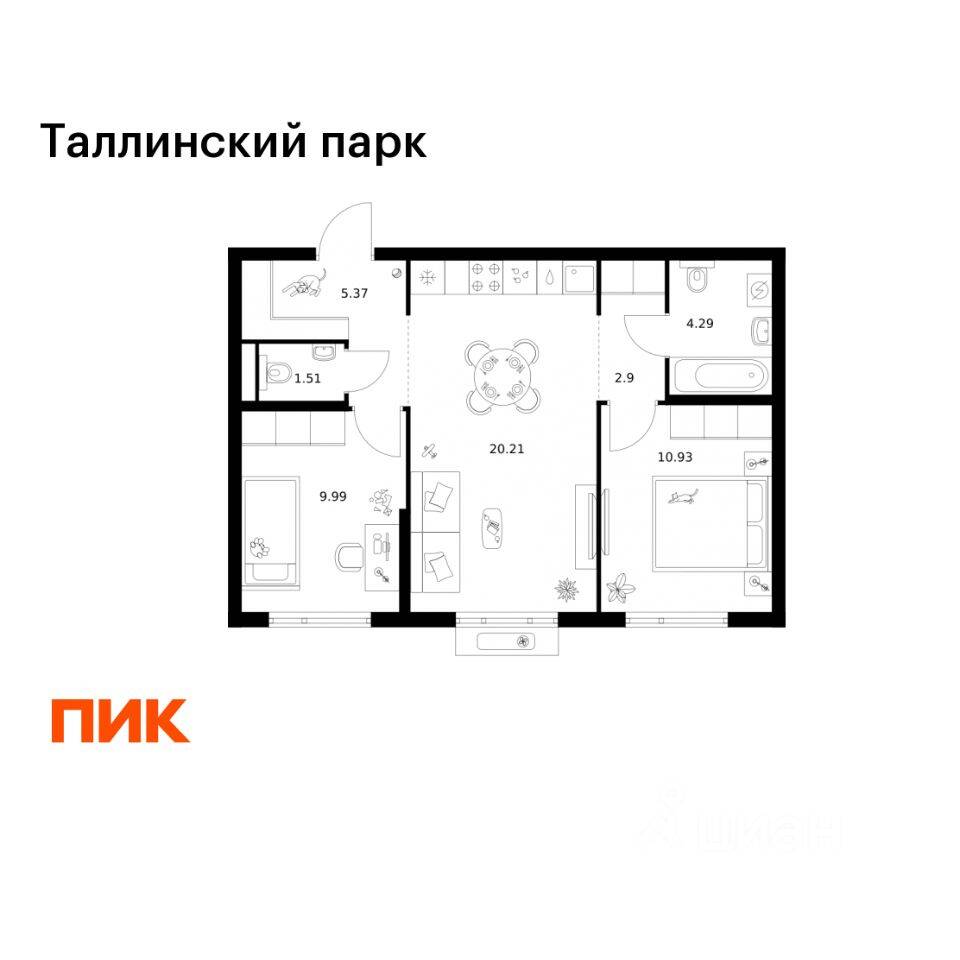 2-комн. квартира, 55,2 м², в ЖК Таллинский парк
