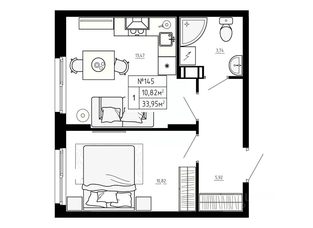 1-комн. квартира, 33,95 м², в Малоэтажный ЖК Аннино Сити