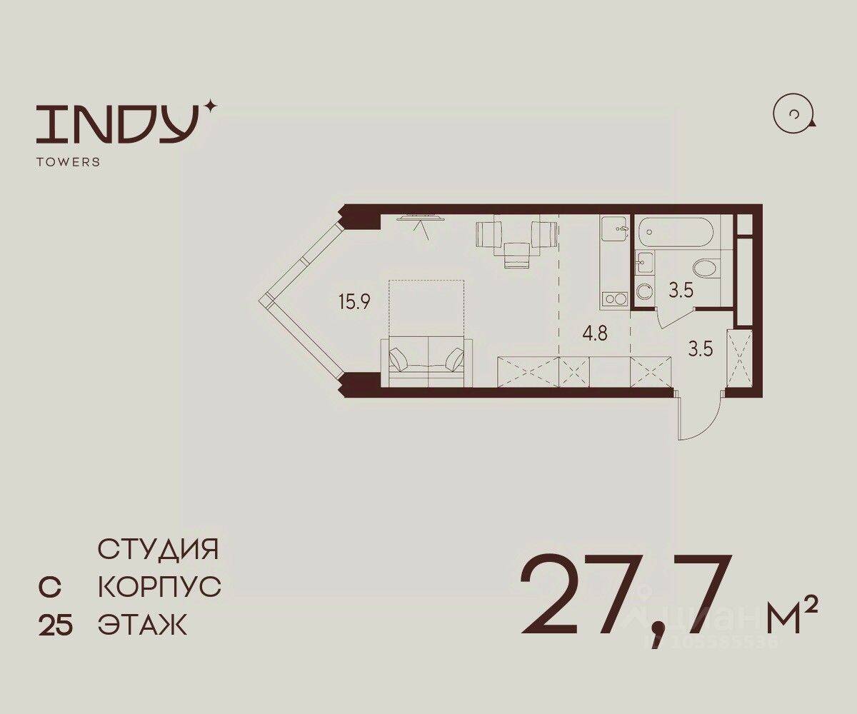 Планировка 1 комнатной квартиры, 27.7 м², в «Indy Towers»