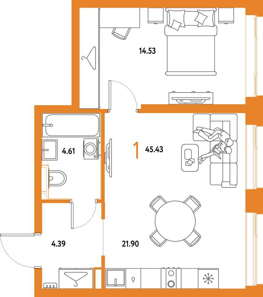 1-комн. квартира, 45,43 м², в ЖК Страна.Парковая