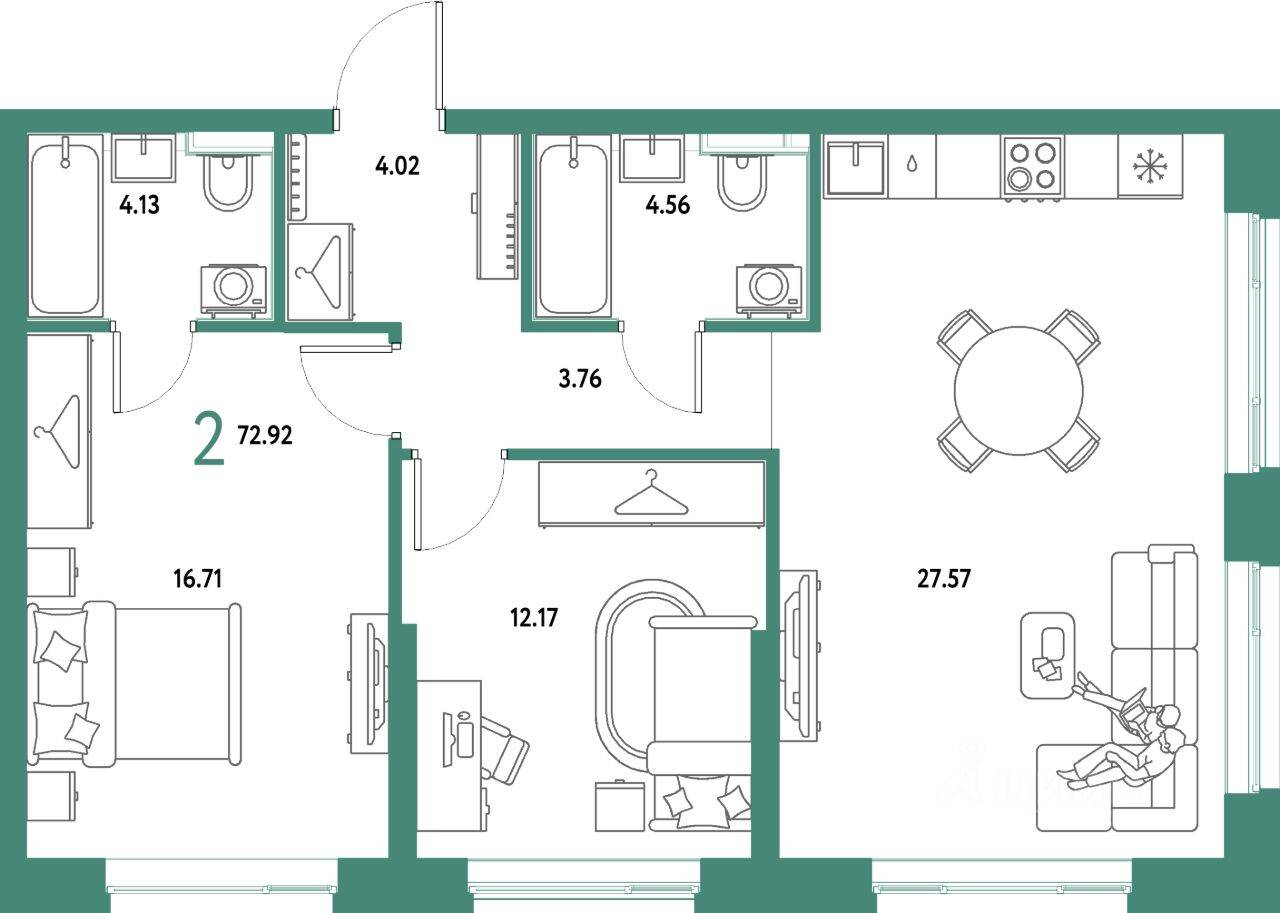 2-комн. квартира, 72,92 м², в ЖК Страна.Парковая