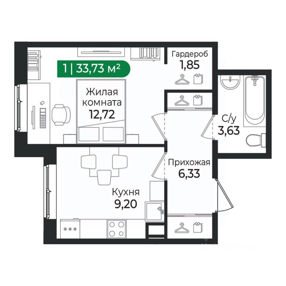1-комн. квартира, 33,73 м², в ЖК Sertolovo Park