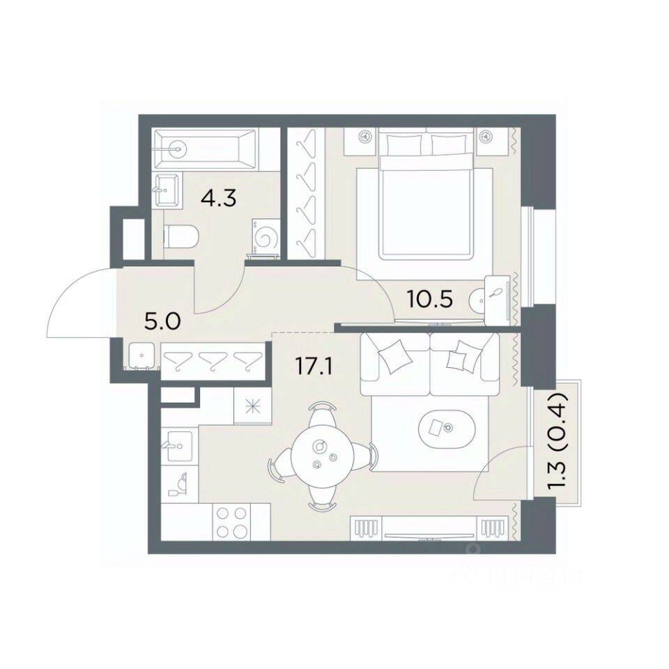 Планировка 1 комнатной квартиры, 37.3 м², в «Станиславский»