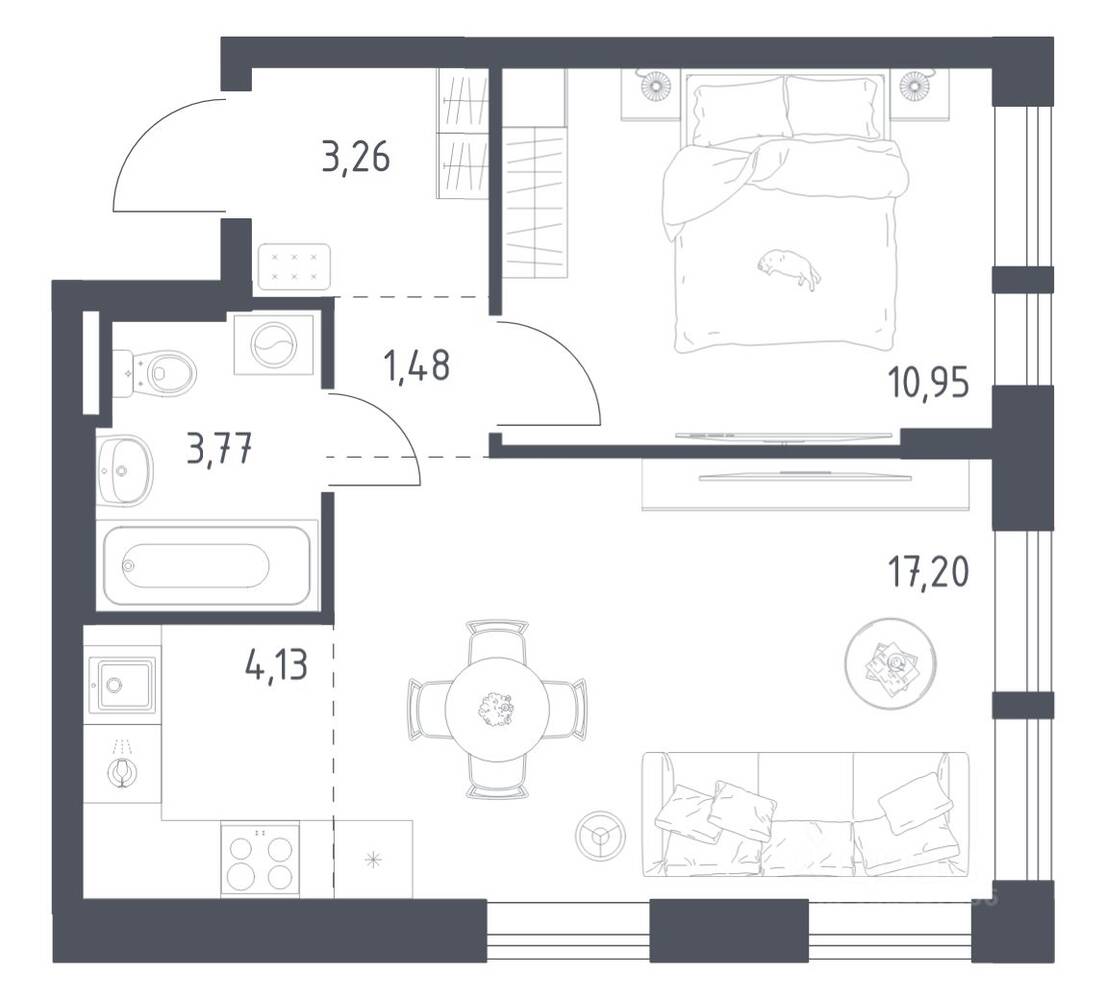 1-комн. квартира, 40,79 м², в ЖК Квартал Авиаторов