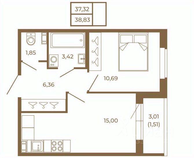 1-комн. квартира, 38,83 м², в Малоэтажный ЖК Новая история