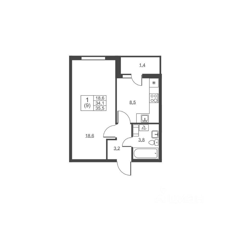 1-комн. квартира, 35,5 м², в ЖК Ермак