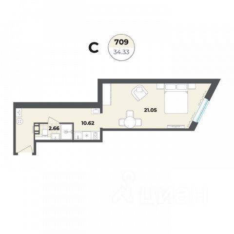 Квартира-студия, 34,33 м², в Апарт-комплекс Лиговский, 127
