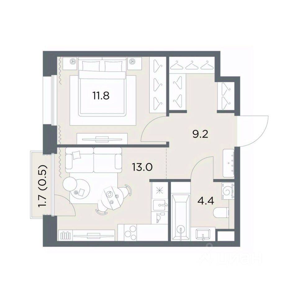 Планировка 1 комнатной квартиры, 38.9 м², в «Станиславский»