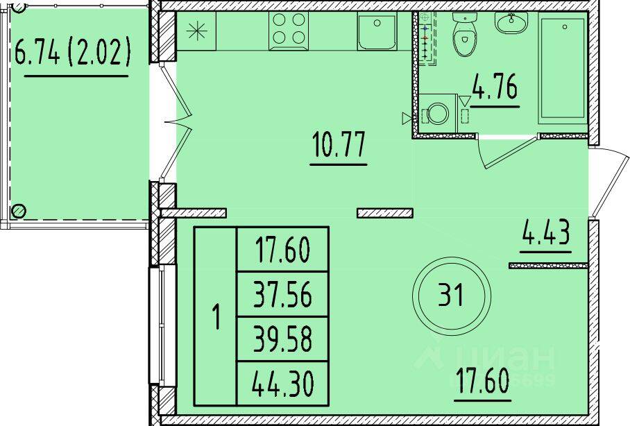 1-комн. квартира, 37,56 м², в Малоэтажный ЖК Образцовый квартал 17