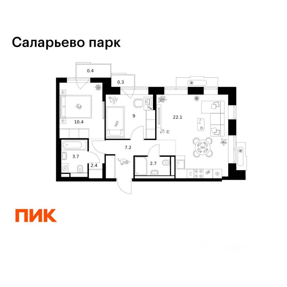 2-комн. квартира, 58,2 м², в ЖК «Саларьево парк»
