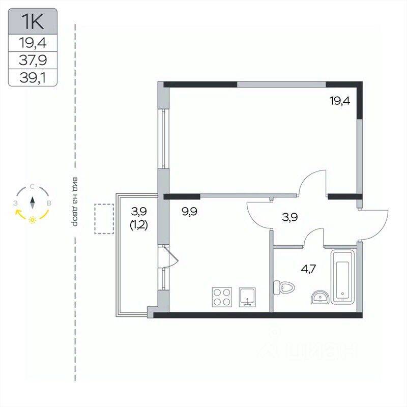 1-комн. квартира, 39,1 м², в ЖК «Пироговская Ривьера»