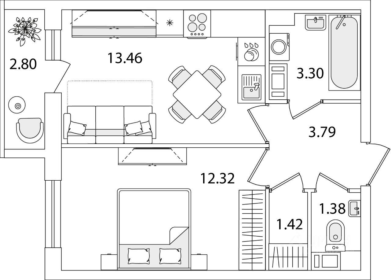 1-комн. квартира, 37,07 м², в ЖК Кинопарк