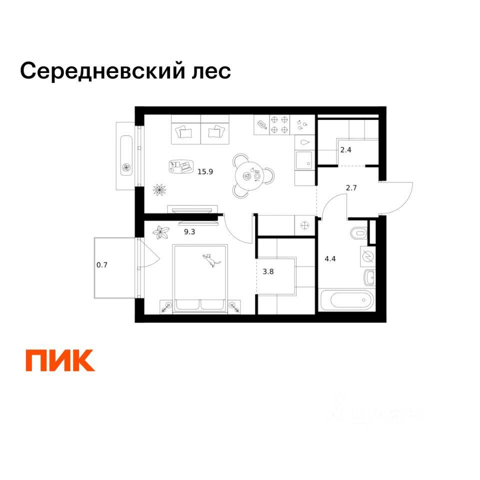 1-комн. квартира, 39,2 м², в ЖК Середневский лес