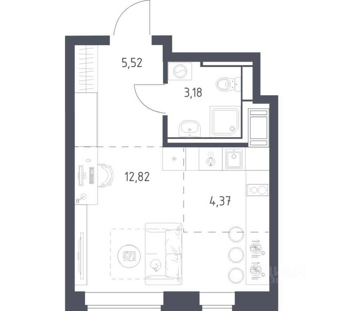 Планировка 1 комнатной квартиры, 25.89 м², в «Большое Путилково»