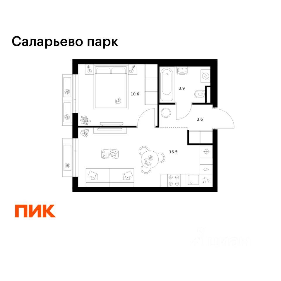 1-комн. квартира, 34,6 м², в ЖК «Саларьево парк»