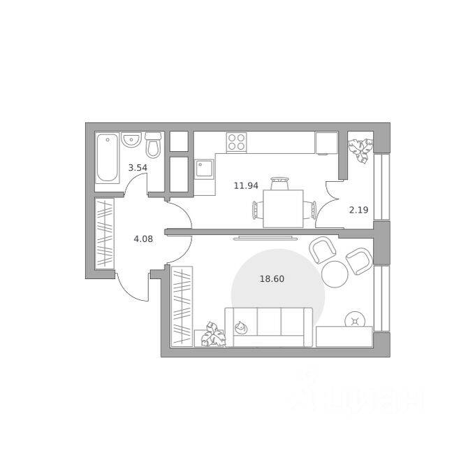 1-комн. квартира, 40,35 м², в ЖК Пехра