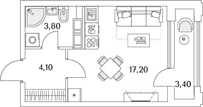 Планировка 1 комнатной квартиры, 26.8 м², в «Тайм Сквер»