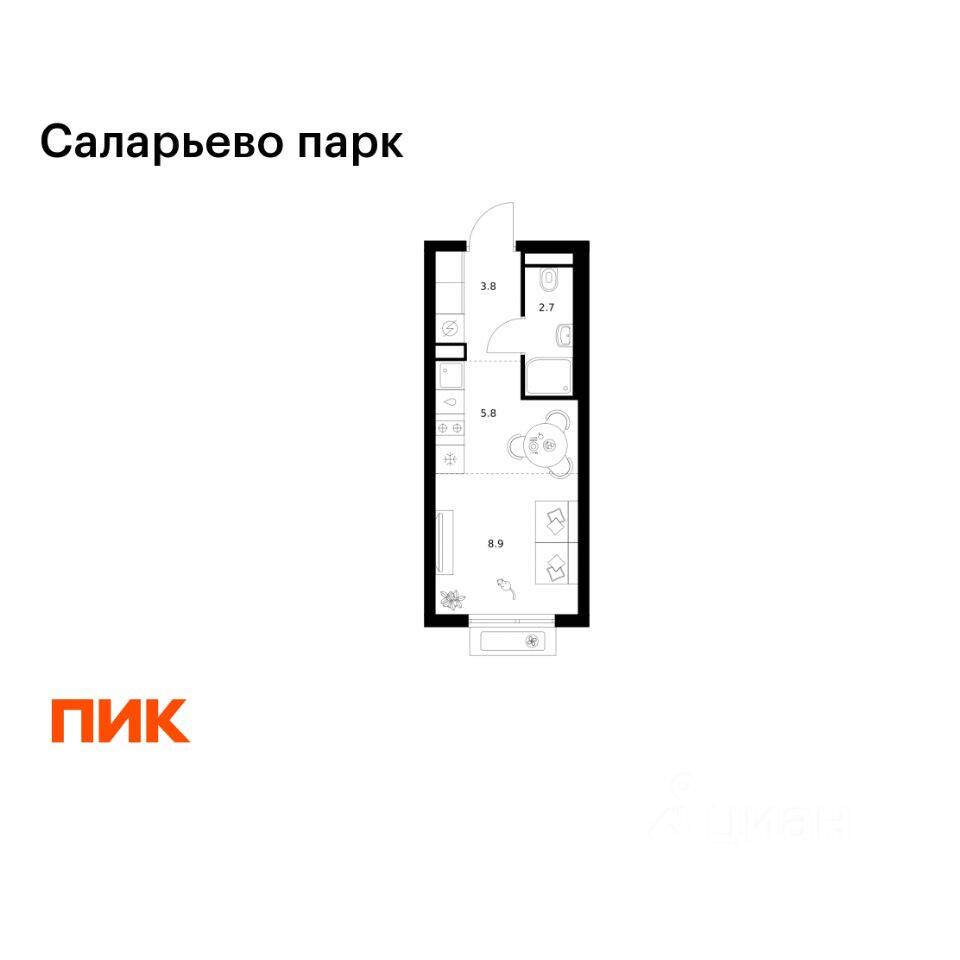 Планировка 1 комнатной квартиры, 21.2 м², в «Саларьево парк»