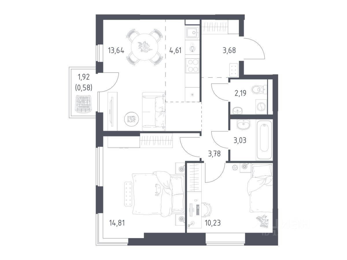 2-комн. квартира, 56,55 м², в ЖК Горки Парк