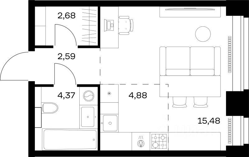 Квартира-студия, 30 м², в ЖК Nova