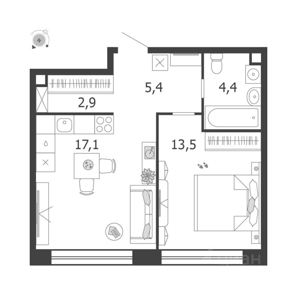 1-комн. квартира, 43,3 м², в ЖК Жилой квартал Shagal