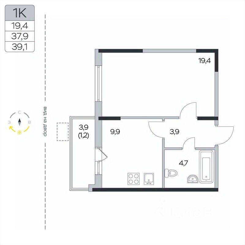 1-комн. квартира, 39,1 м², в ЖК «Пироговская Ривьера»