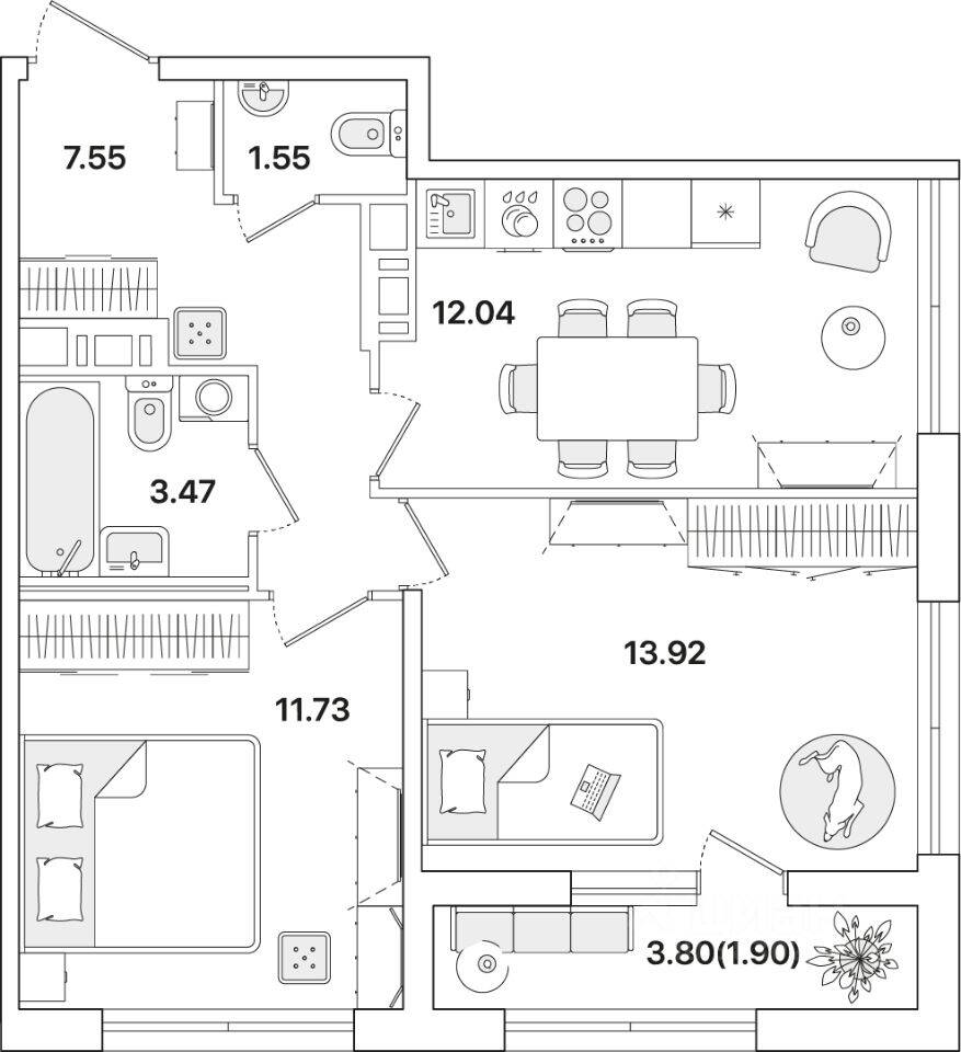 2-комн. квартира, 52,16 м², в ЖК Академик