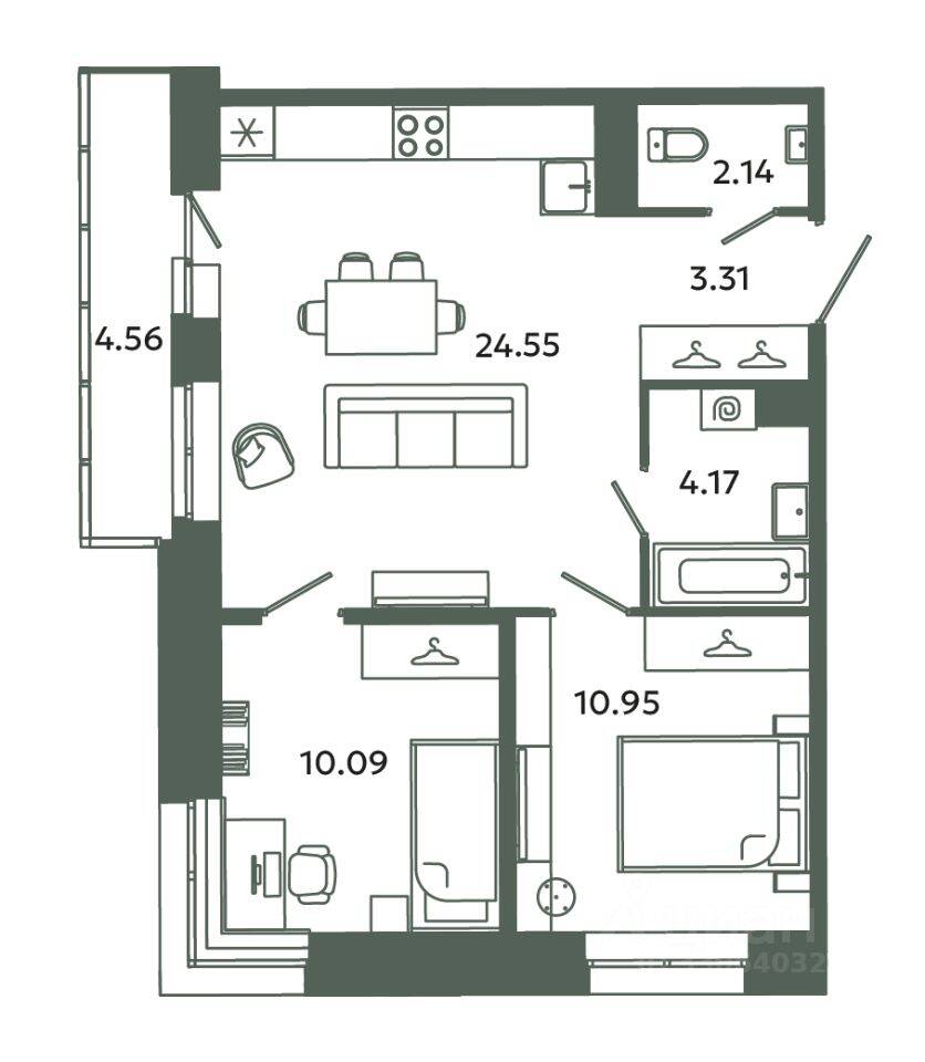 2-комн. квартира, 55,21 м², в ЖК Загляденье