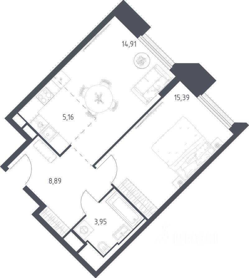 Планировка 1 комнатной квартиры, 48.3 м², в «Sky Sputnik»