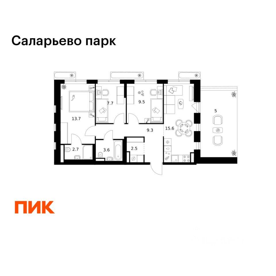 3-комн. квартира, 69,6 м², в ЖК «Саларьево парк»