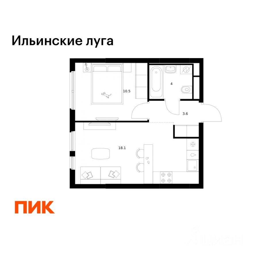 1-комн. квартира, 36,2 м², в ЖК «Ильинские луга»