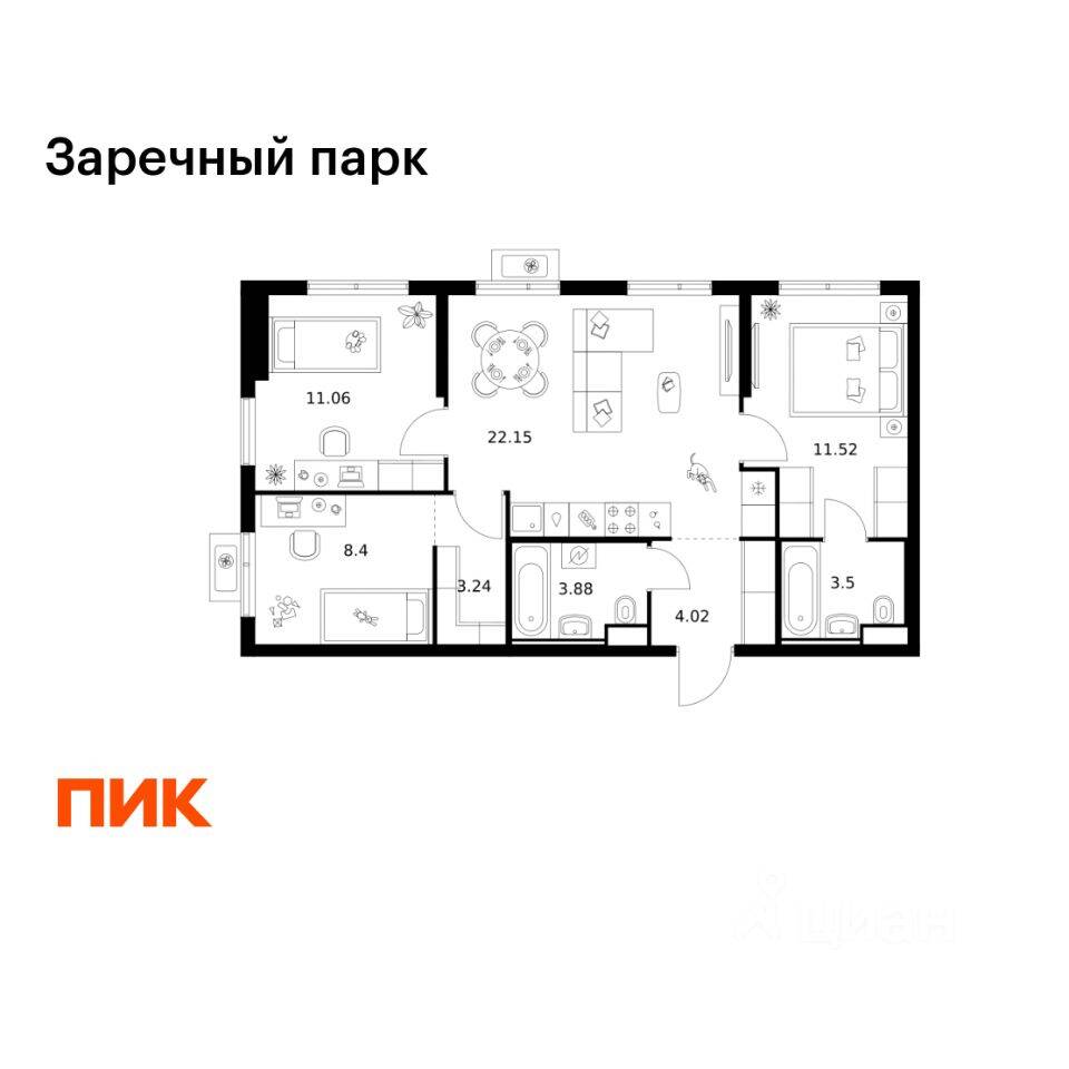 3-комн. квартира, 67,77 м², в ЖК Заречный парк