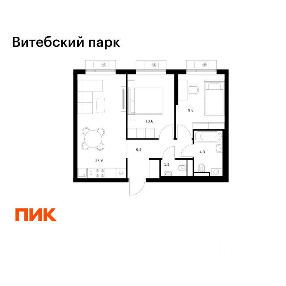 2-комн. квартира, 50,6 м², в ЖК Витебский парк