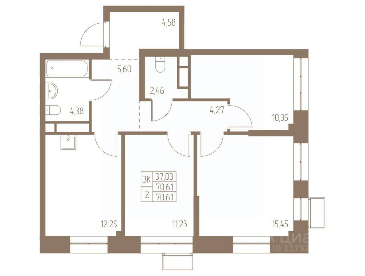 3-комн. квартира, 70,61 м², в ЖК Фабрикант