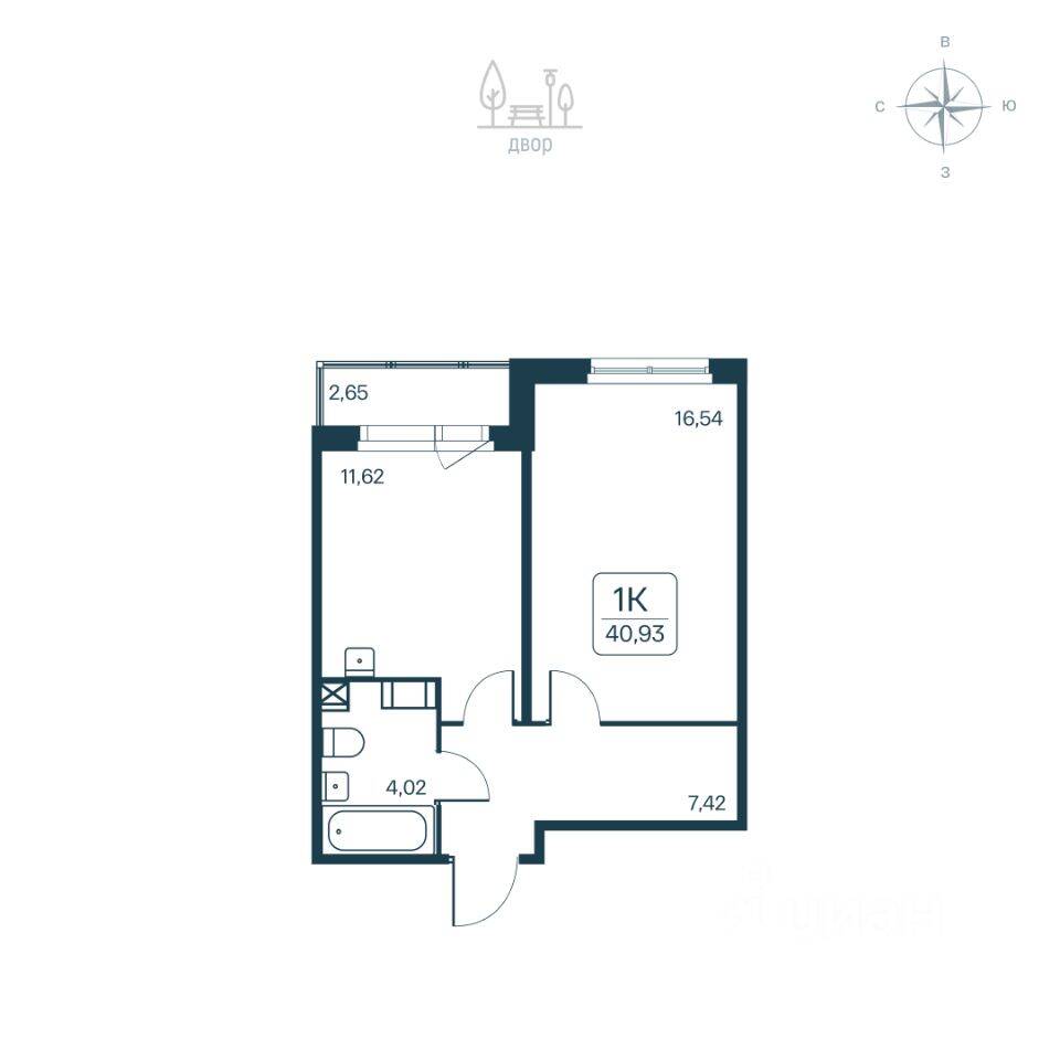 Планировка 1 комнатной квартиры, 40.93 м², в «Расцветай в Янино»