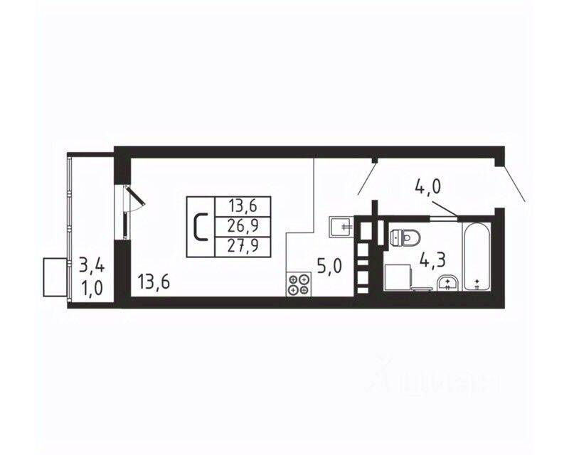 Квартира-студия, 27,9 м², в ЖК «Пироговская Ривьера»