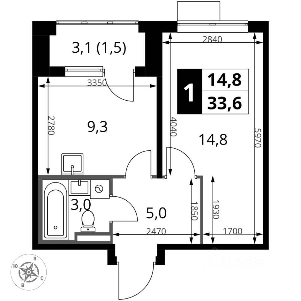 1-комн. квартира, 33,6 м², в ЖК 1-й Донской