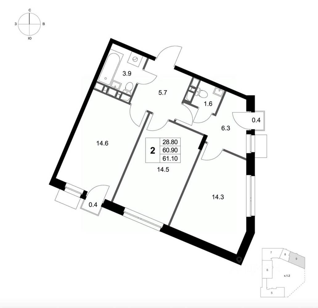 2-комн. квартира, 61,1 м², в ЖК Легенда Марусино