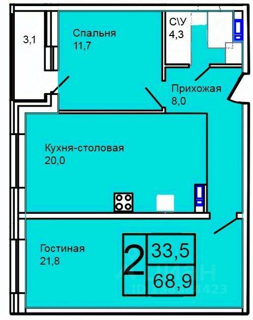 Планировка 3 комнатной квартиры, 68.9 м², в «Троицкий»