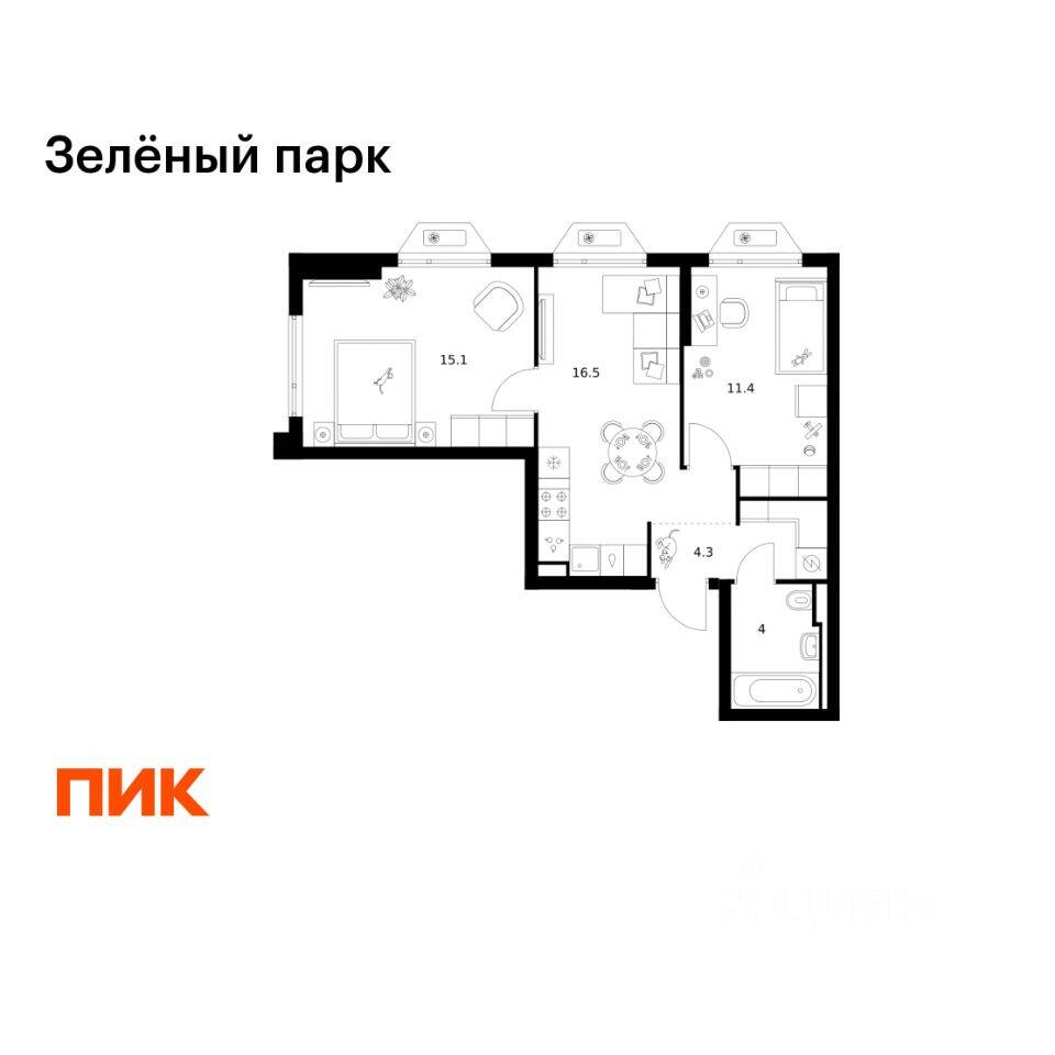 2-комн. квартира, 51,3 м², в ЖК Зеленый парк