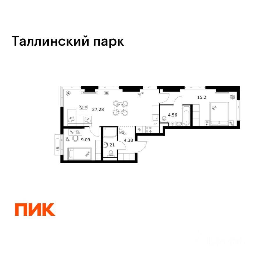 2-комн. квартира, 63,72 м², в ЖК Таллинский парк