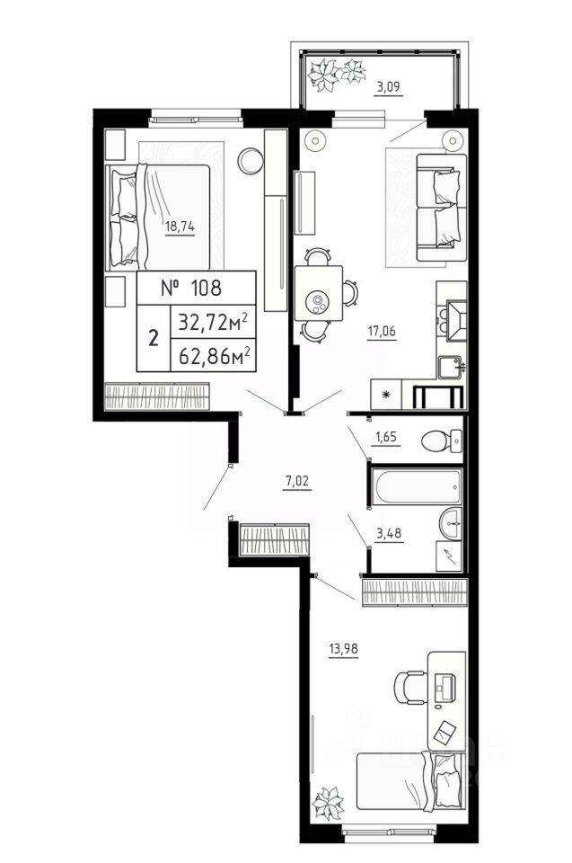 2-комн. квартира, 62,86 м², в Малоэтажный ЖК Аннино Сити