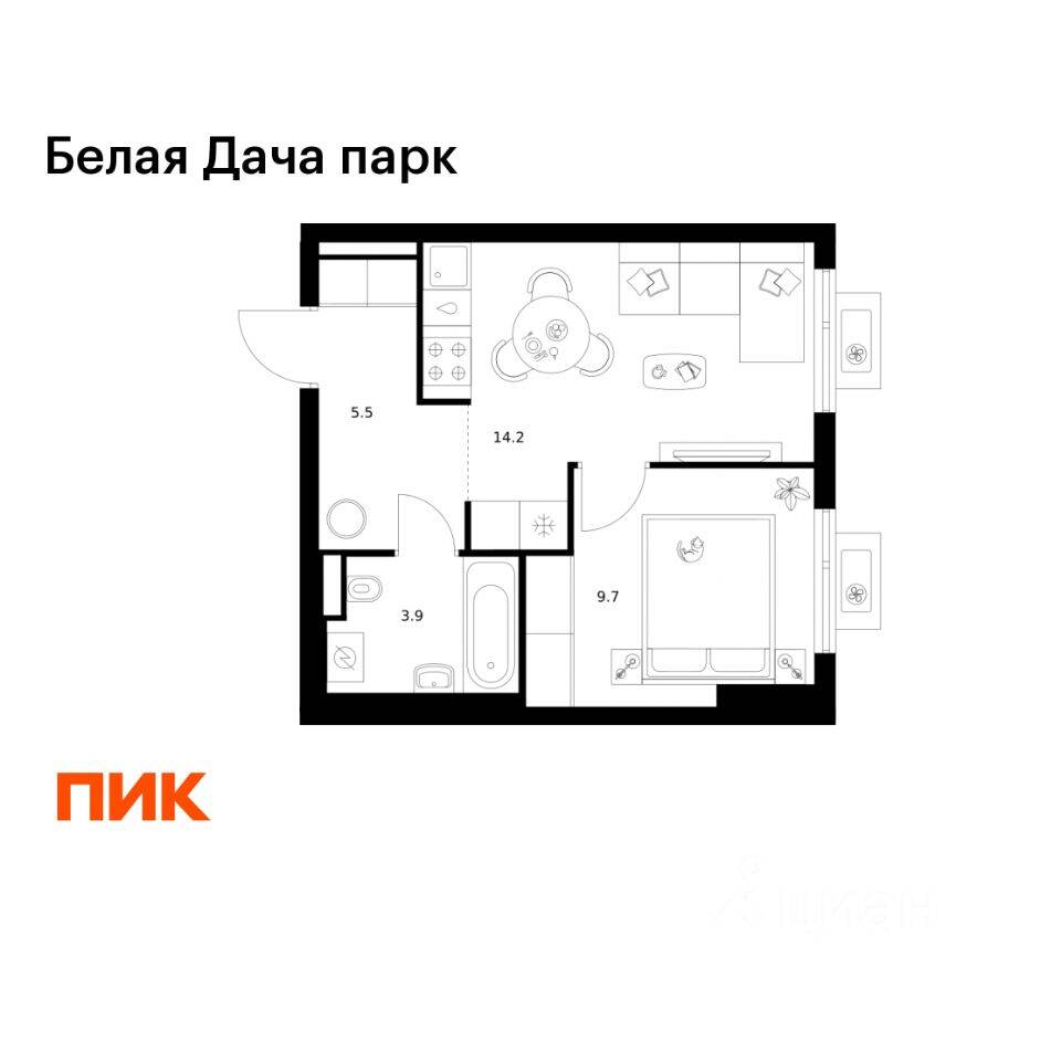 1-комн. квартира, 33,3 м², в ЖК «Белая Дача парк»